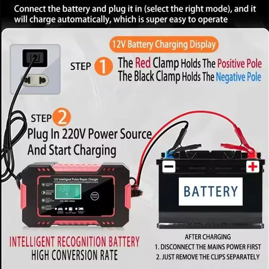 Chargeur de batterie de voiture entièrement automatique 12V- 6 A écran LCD numérique