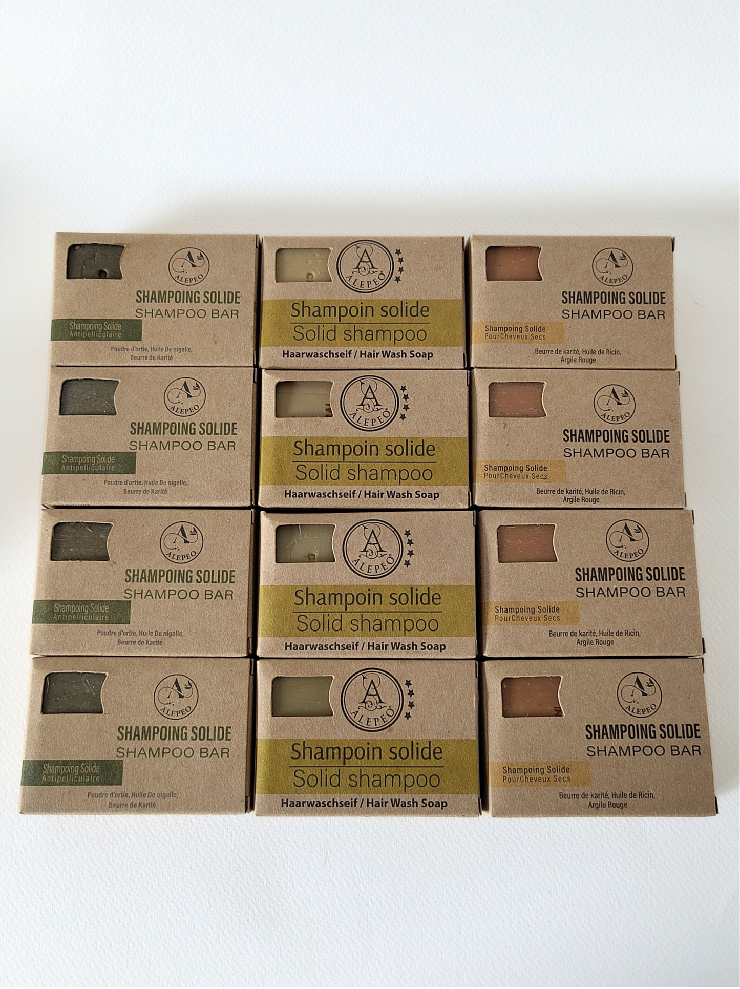 Pack de 12 Shampoings Solides d'Alep – 4 Variétés Essentielles