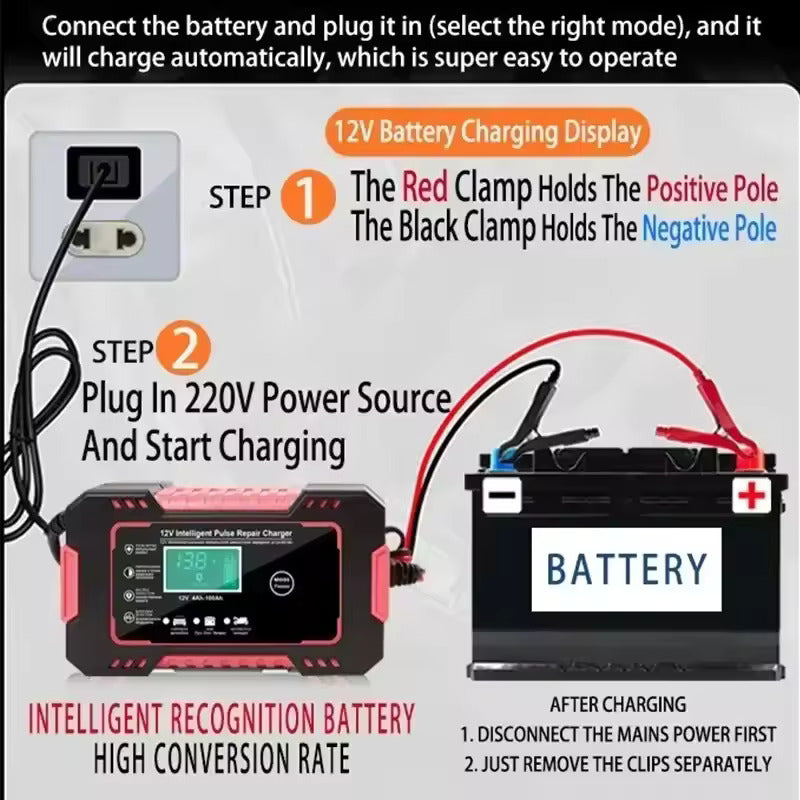 Chargeur de batterie de voiture entièrement automatique 12V- 6 A écran LCD numérique