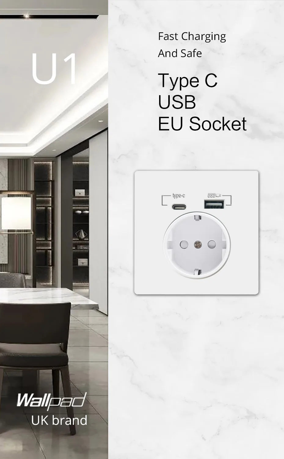 Prise murale européenne Wallpad avec ports USB et Type C