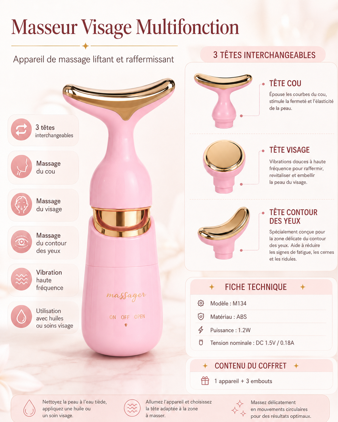 Appareil de Massage Facial Vibrant 3-en-1 à Microcourant